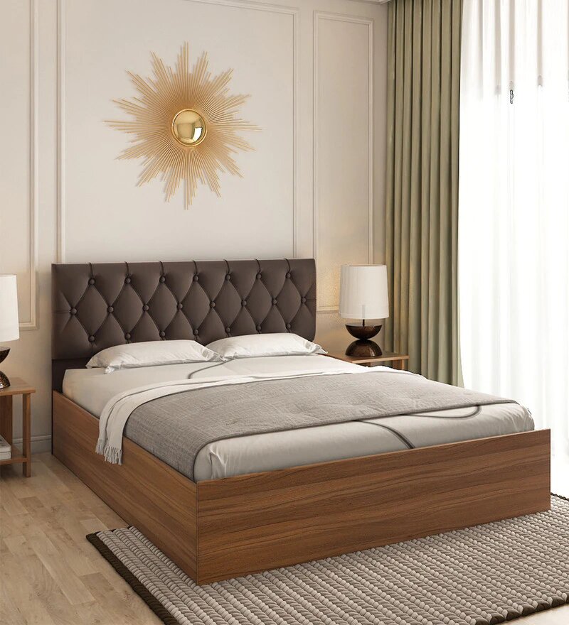 Comet King Size Upholstered Bed With Hydraulic Storage In Exotic Teak Finish